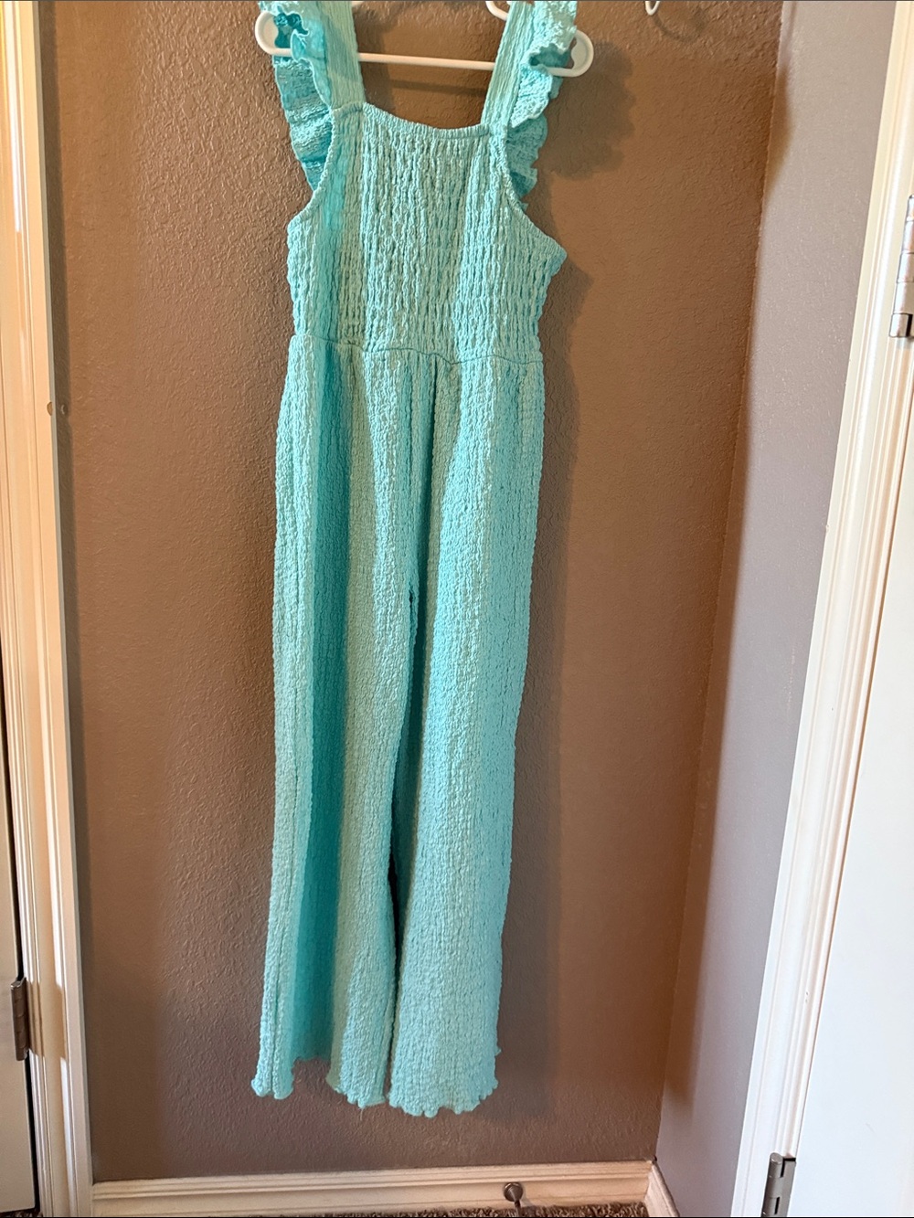 Zara Aqua Smocked Jumpsuit with Ruffle Straps